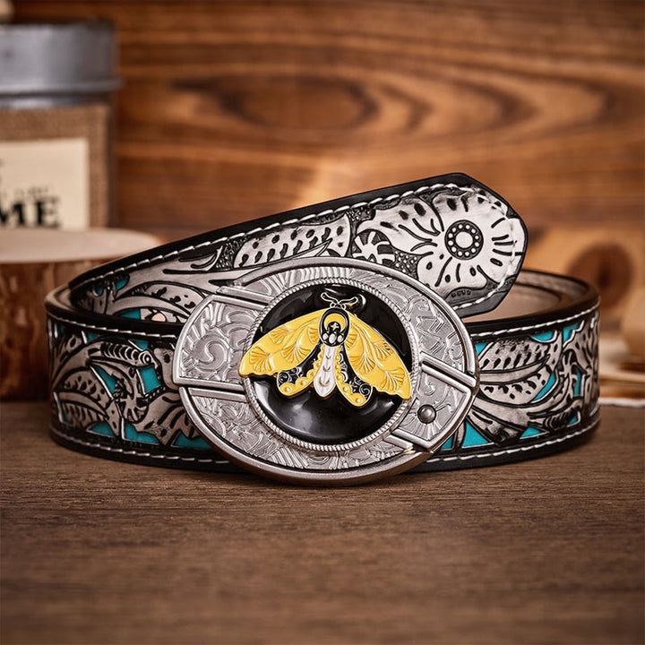 Cintura in pelle con fibbia a coltello pieghevole nascosto fai-da-te con smalto giallo falena - Falena gialla - Cintura grigia a fiori - 42 - image 8