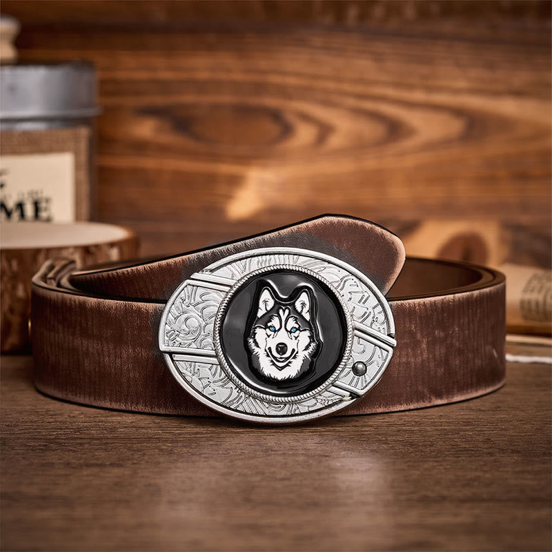 Cintura in pelle con fibbia a coltello pieghevole nascosto fai-da-te con husky dagli occhi azzurri - Husky - Cintura marrone effetto invecchiato - 42 - image 5