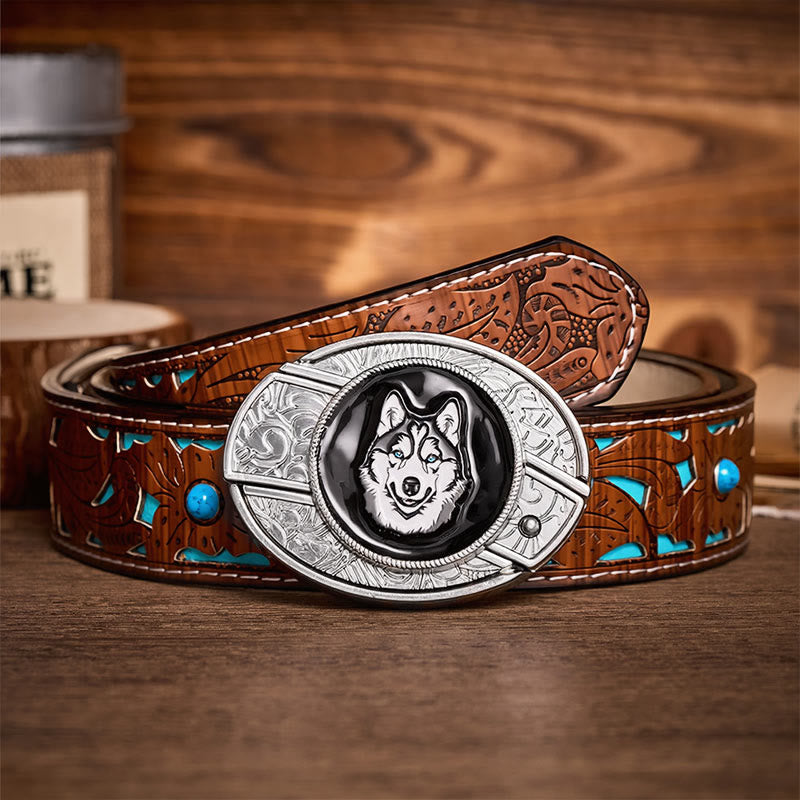 Cintura in pelle con fibbia a coltello pieghevole nascosto fai-da-te con husky dagli occhi azzurri - Husky - Cintura turchese intagliata - 42 - image 3