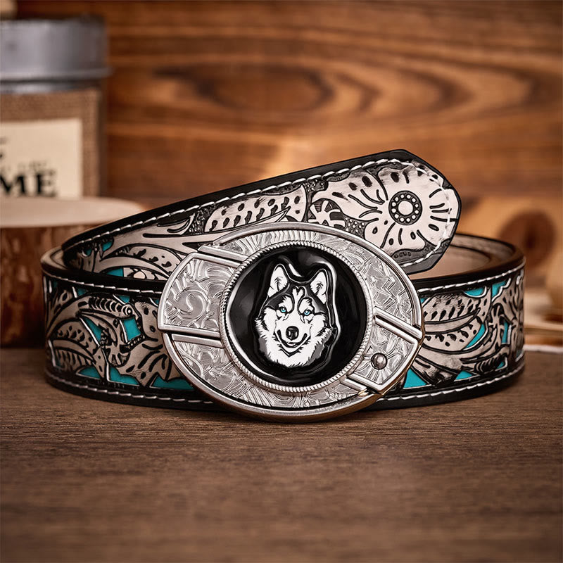 Cintura in pelle con fibbia a coltello pieghevole nascosto fai-da-te con husky dagli occhi azzurri - Husky - Cintura grigia a fiori - 42 - image 8