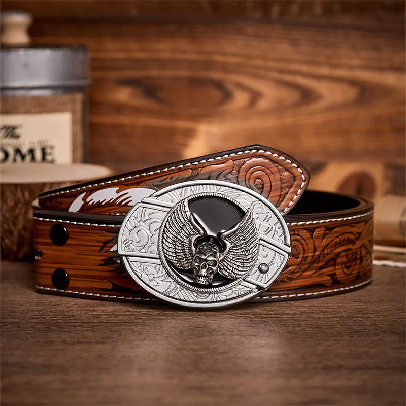 Cintura in pelle con fibbia a scomparsa a forma di teschio alato, ideale per motociclisti. - Teschio alato - Cintura di piume marroni - 40 - image 7