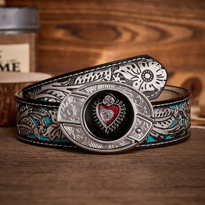 Cintura in pelle con fibbia a scomparsa a forma di Sacro Cuore, rossa e nera, fai-da-te, con coltello pieghevole. - Cuore Rosso e Nero - Cintura grigia a fiori - 42 - image 8