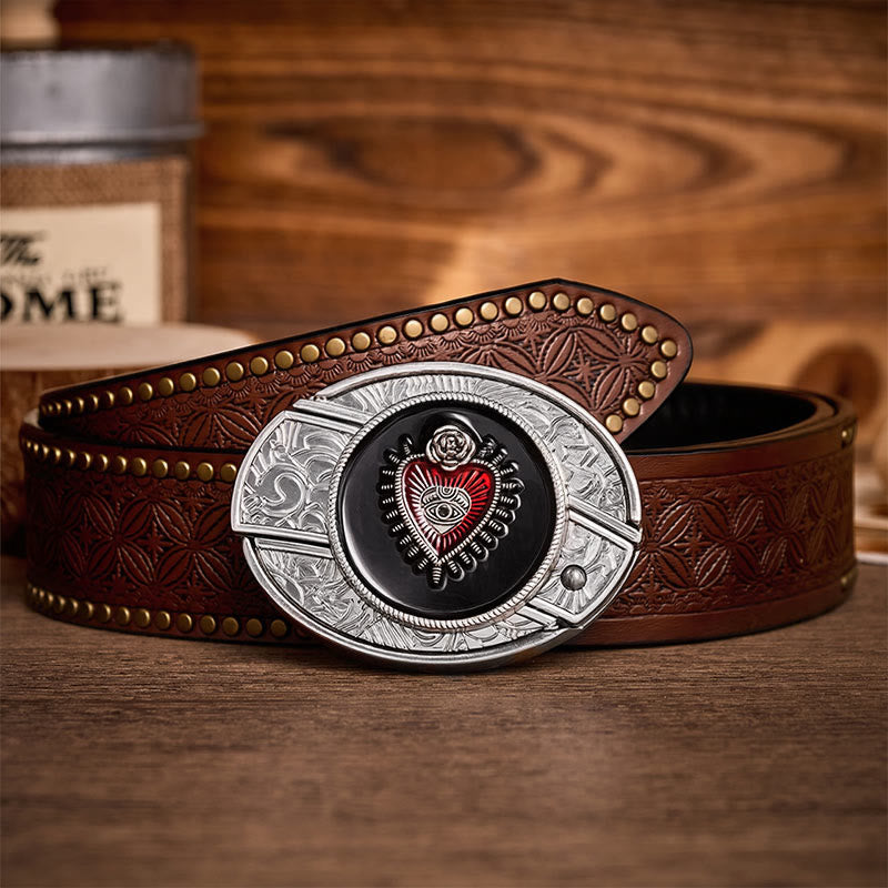 Cintura in pelle con fibbia a scomparsa a forma di Sacro Cuore, rossa e nera, fai-da-te, con coltello pieghevole. - Cuore Rosso e Nero - Cintura con rivetti marroni - 42 - image 4