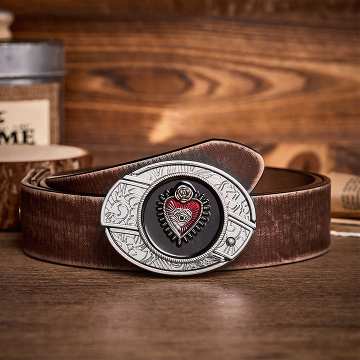 Cintura in pelle con fibbia a scomparsa a forma di Sacro Cuore, rossa e nera, fai-da-te, con coltello pieghevole. - Cuore Rosso e Nero - Cintura marrone effetto invecchiato - 42 - image 5
