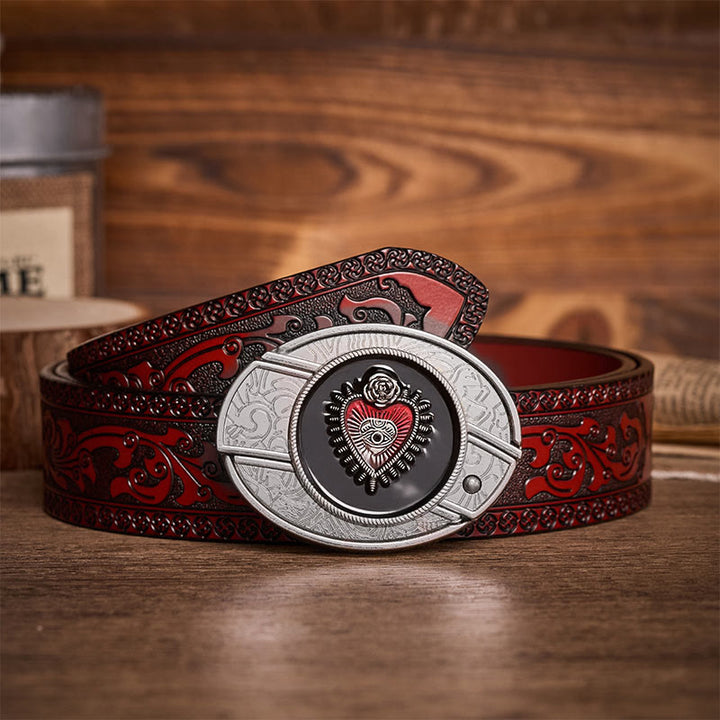 Cintura in pelle con fibbia a scomparsa a forma di Sacro Cuore, rossa e nera, fai-da-te, con coltello pieghevole. - Cuore Rosso e Nero - Cintura intagliata marrone - 42 - image 6
