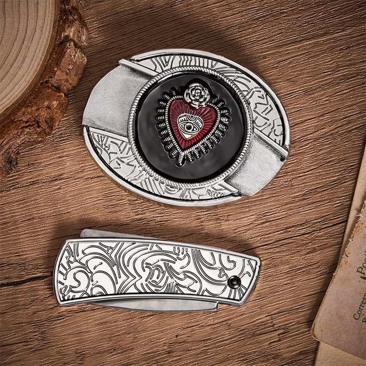Cintura in pelle con fibbia a scomparsa a forma di Sacro Cuore, rossa e nera, fai-da-te, con coltello pieghevole. - image 9