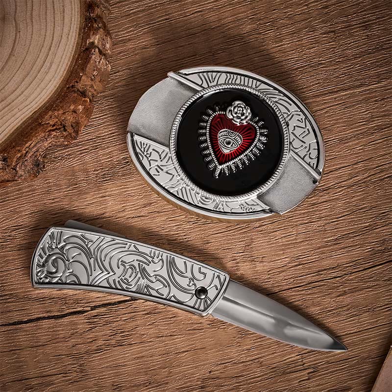Cintura in pelle con fibbia a scomparsa a forma di Sacro Cuore, rossa e nera, fai-da-te, con coltello pieghevole. - image 1