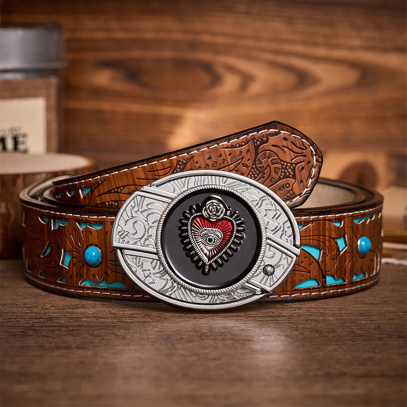 Cintura in pelle con fibbia a scomparsa a forma di Sacro Cuore, rossa e nera, fai-da-te, con coltello pieghevole. - Cuore Rosso e Nero - Cintura turchese intagliata - 42 - image 3