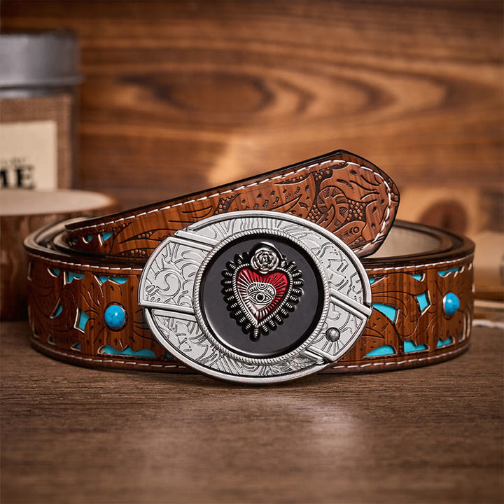 Cintura in pelle con fibbia a scomparsa a forma di Sacro Cuore, rossa e nera, fai-da-te, con coltello pieghevole. - Cuore Rosso e Nero - Cintura turchese intagliata - 42 - image 3