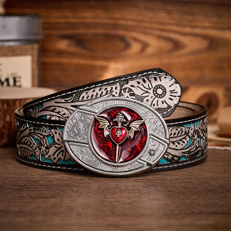 Cintura in pelle con fibbia a coltello pieghevole nascosto fai-da-te Wings & Dagger Red Heart - Ali e pugnale - Cintura grigia a fiori - 42 - image 8