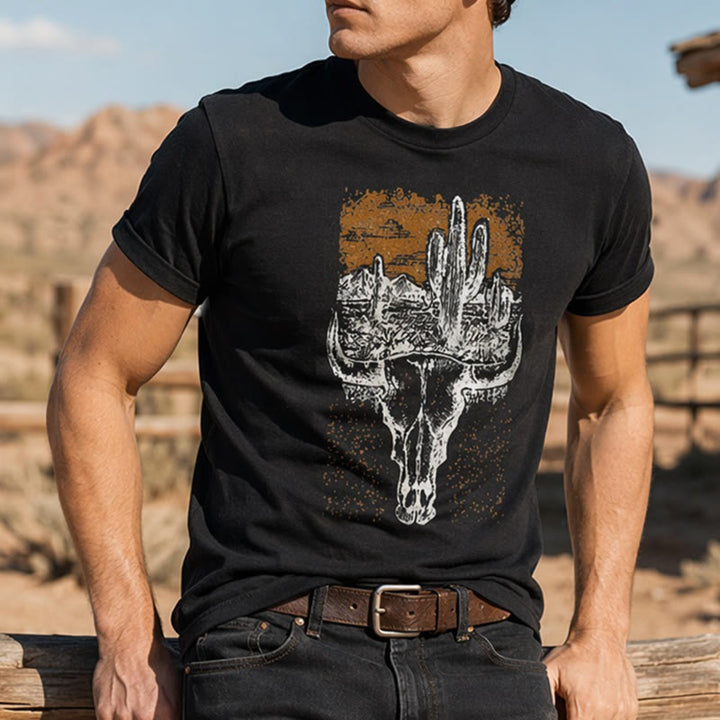 Maglietta western Badlands Vibes con teschio di longhorn e cactus - Nero - 2XL - image 0