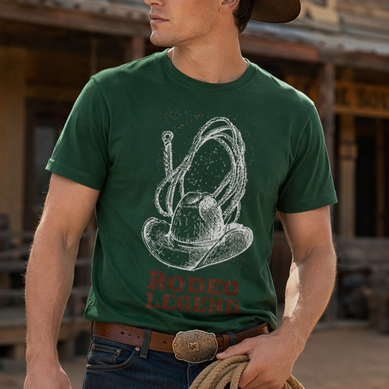 Maglietta western con stampa cappello da cowboy e lazo, leggenda del rodeo - Verde scuro - 2XL - image 0