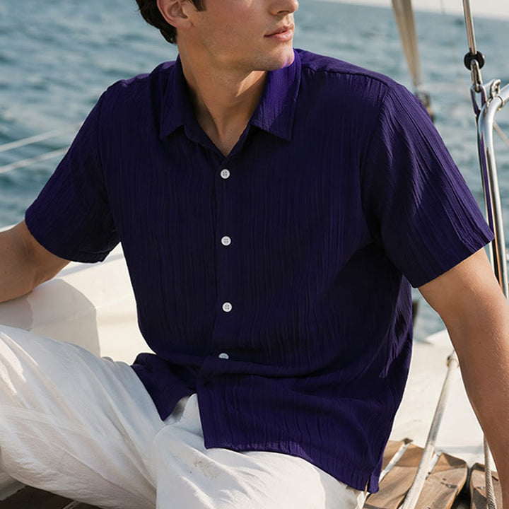 Camicia casual da uomo in jacquard a righe di cotone e lino - Blu navy - 2XL - image 6