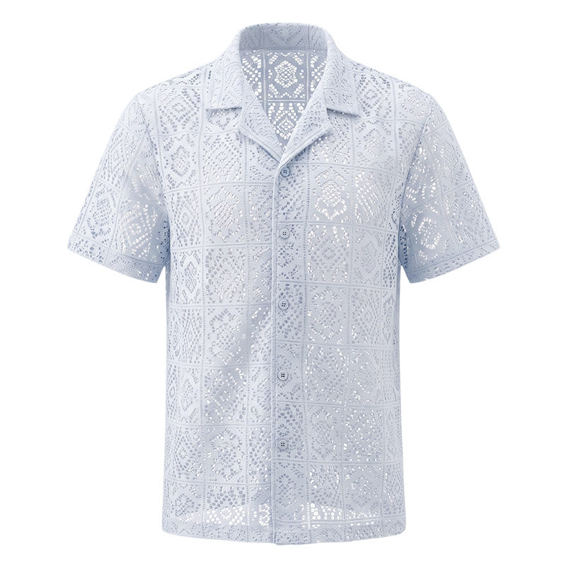 Camicie estive da uomo traforate con inserti in pizzo e pizzo, perfette per le vacanze estive. - image 4