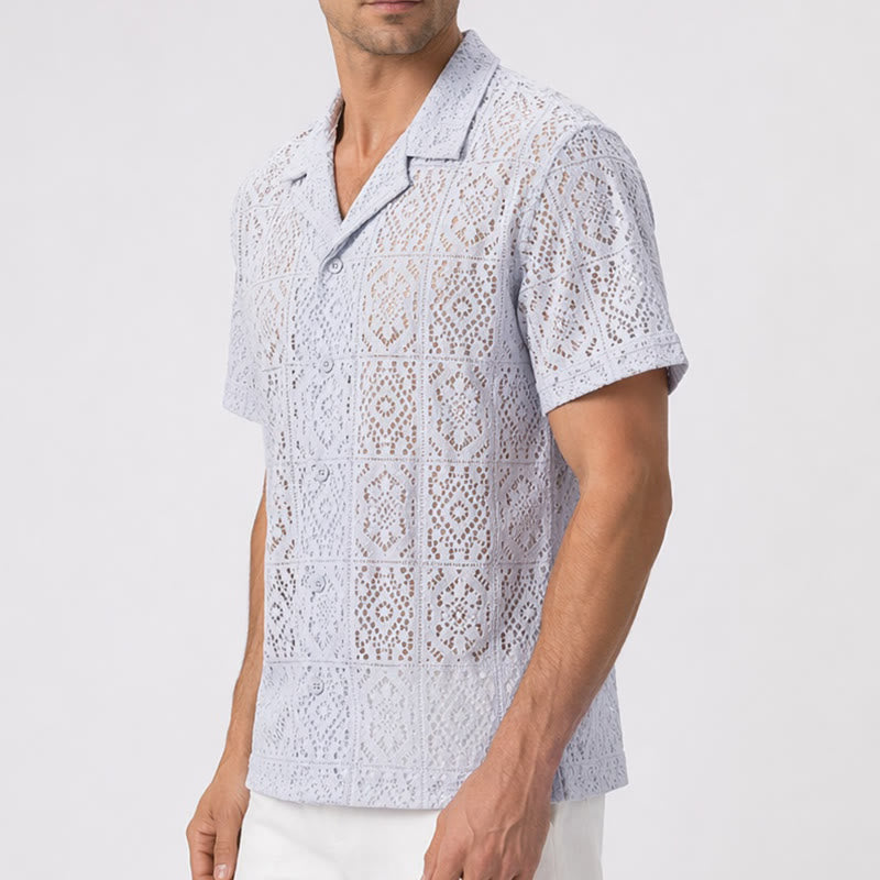 Camicie estive da uomo traforate con inserti in pizzo e pizzo, perfette per le vacanze estive. - image 2