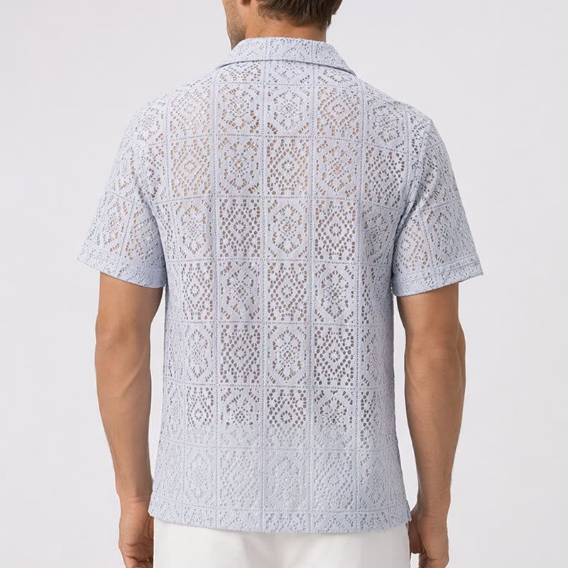 Camicie estive da uomo traforate con inserti in pizzo e pizzo, perfette per le vacanze estive. - image 3