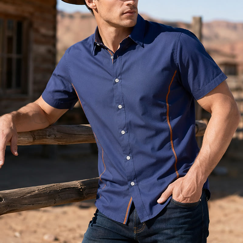 Camicia da uomo alla moda in cotone bicolore con profili a contrasto - image 0