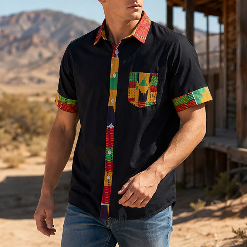 Camicia da uomo con stampa etnica e patchwork, ideale per festival. - Nero - 4XL - image 0