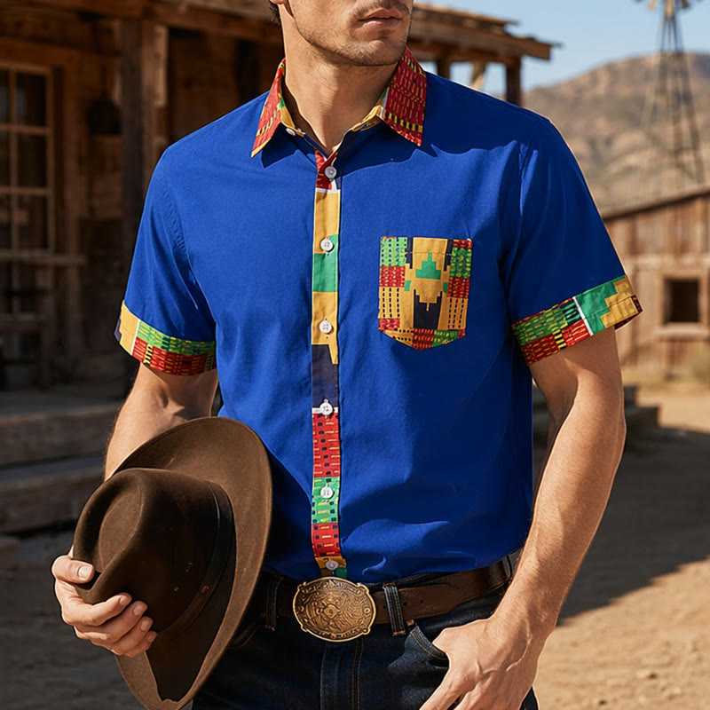 Camicia da uomo con stampa etnica e patchwork, ideale per festival. - Blu - 4XL - image 4