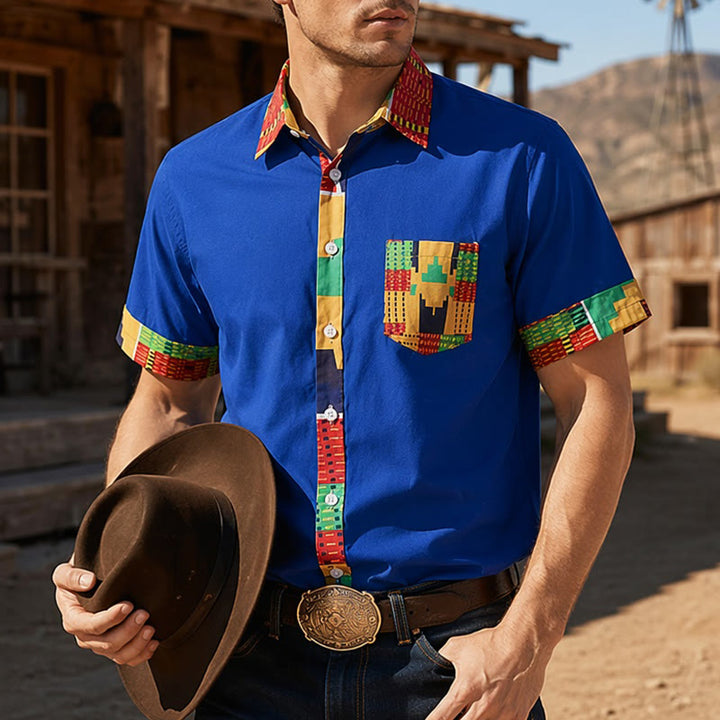 Camicia da uomo con stampa etnica e patchwork, ideale per festival. - Blu - 4XL - image 4