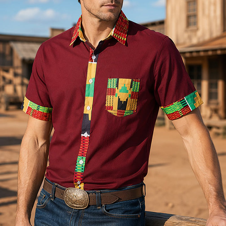 Camicia da uomo con stampa etnica e patchwork, ideale per festival. - Borgogna - 4XL - image 6