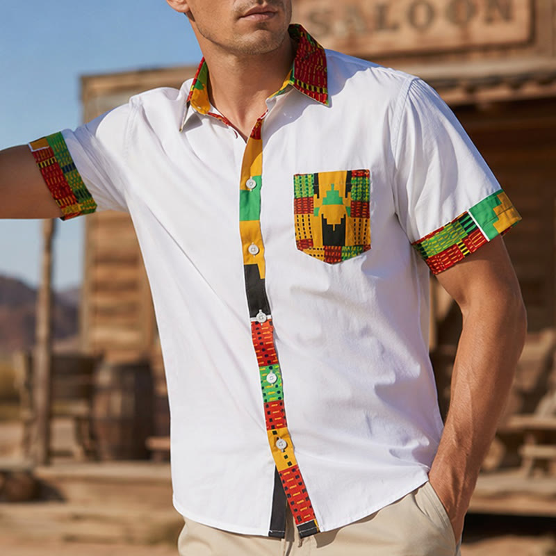 Camicia da uomo con stampa etnica e patchwork, ideale per festival. - Bianco - 4XL - image 5