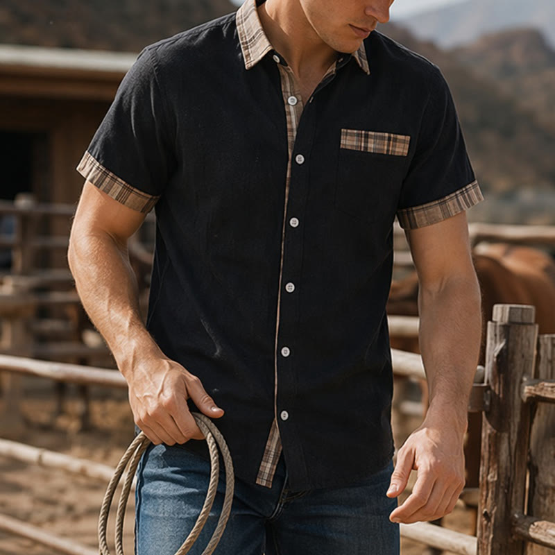 Camicia da uomo in cotone a quadri stile vintage con inserti patchwork. - Nero - 4XL - image 0