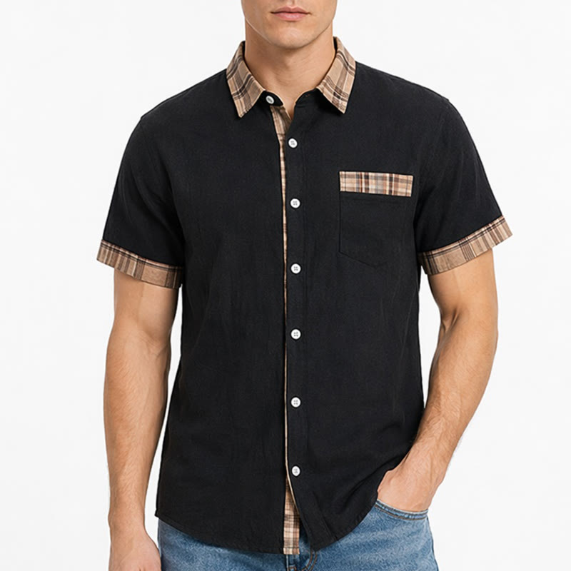 Camicia da uomo in cotone a quadri stile vintage con inserti patchwork. - image 1