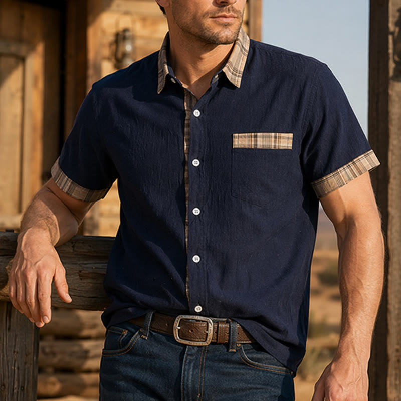 Camicia da uomo in cotone a quadri stile vintage con inserti patchwork. - Marina - 4XL - image 8