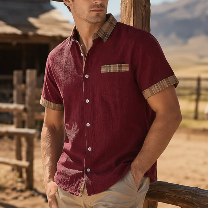 Camicia da uomo in cotone a quadri stile vintage con inserti patchwork. - Rosso - 4XL - image 6