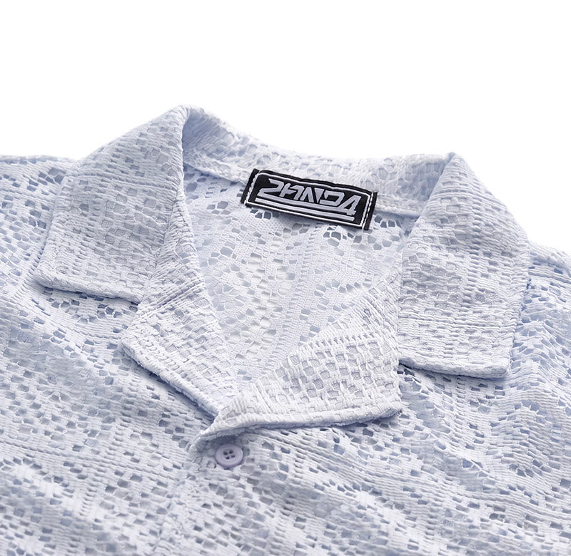Camicie estive da uomo traforate con inserti in pizzo e pizzo, perfette per le vacanze estive. - image 6