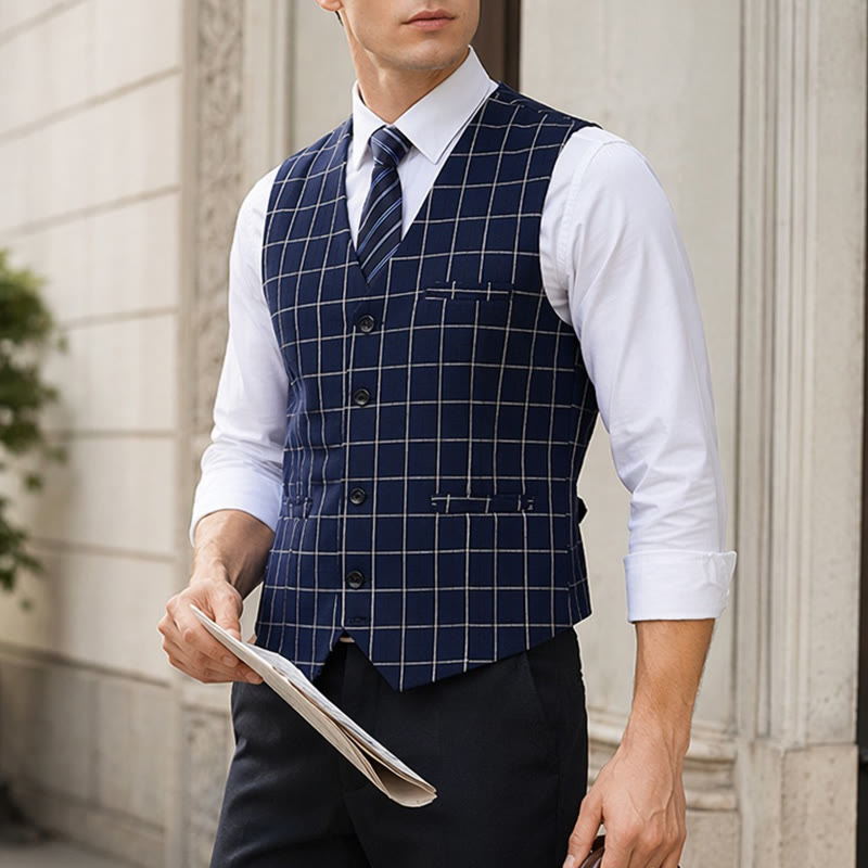 Gilet da uomo classico a griglia per abiti formali e casual da lavoro. - Blu scuro - 3XL - image 0