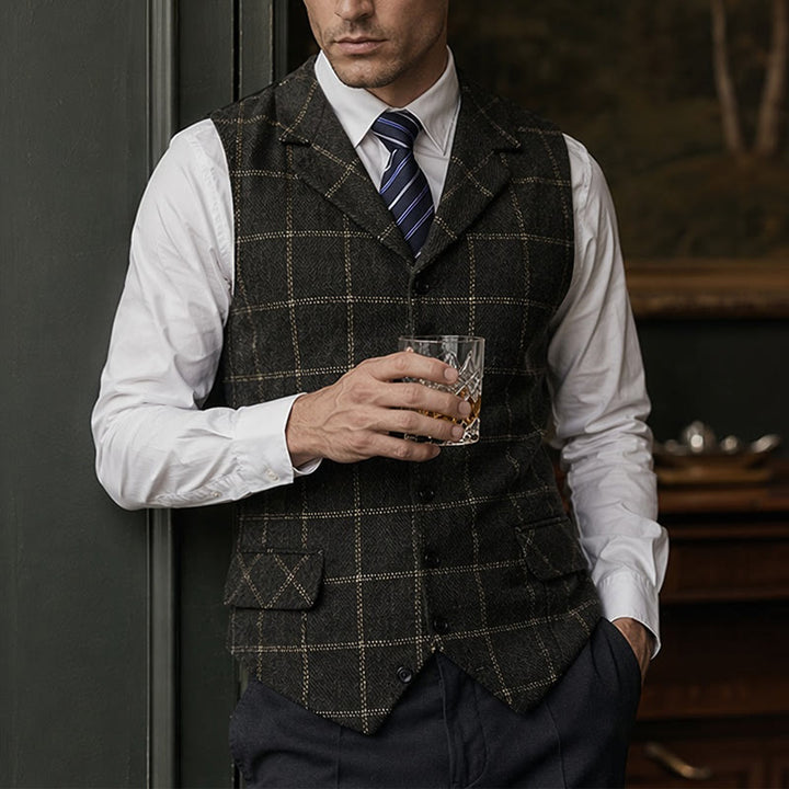 Gilet da uomo a quadri con revers a tacca, ideale per feste e occasioni informali. - Nero - 5XL - image 4