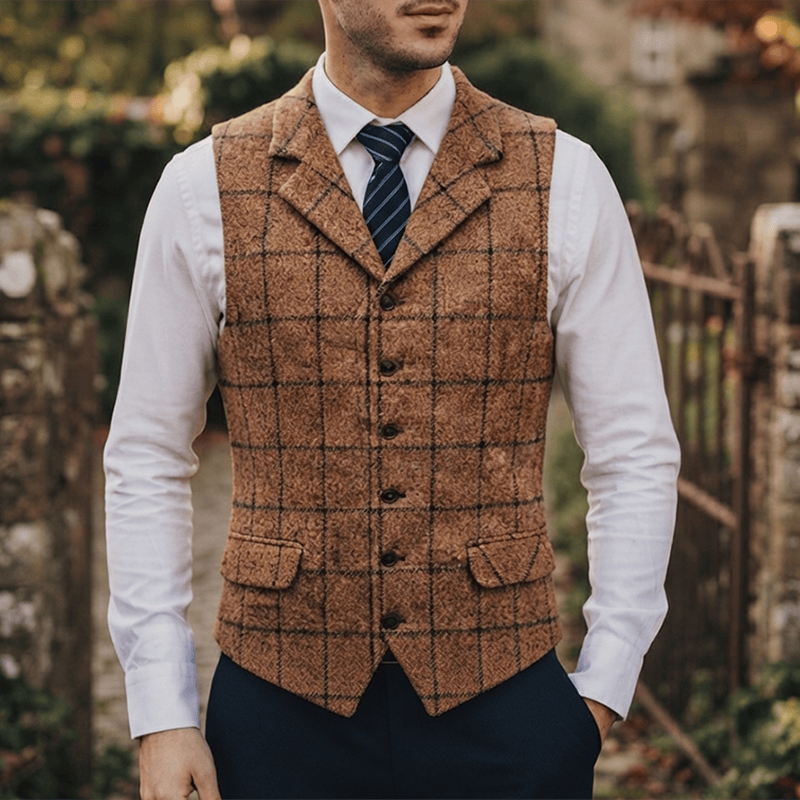 Gilet da uomo a quadri con revers a tacca, ideale per feste e occasioni informali. - Marrone - 5XL - image 6