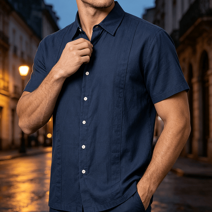 Camicia da uomo minimalista in cotone traspirante, tinta unita, ideale per l'estate. - Blu scuro - 3XL - image 6
