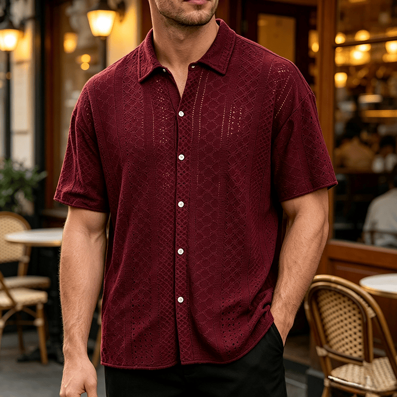 Camicia da uomo sportiva casual in cotone jacquard - Vino - 2XL - image 7