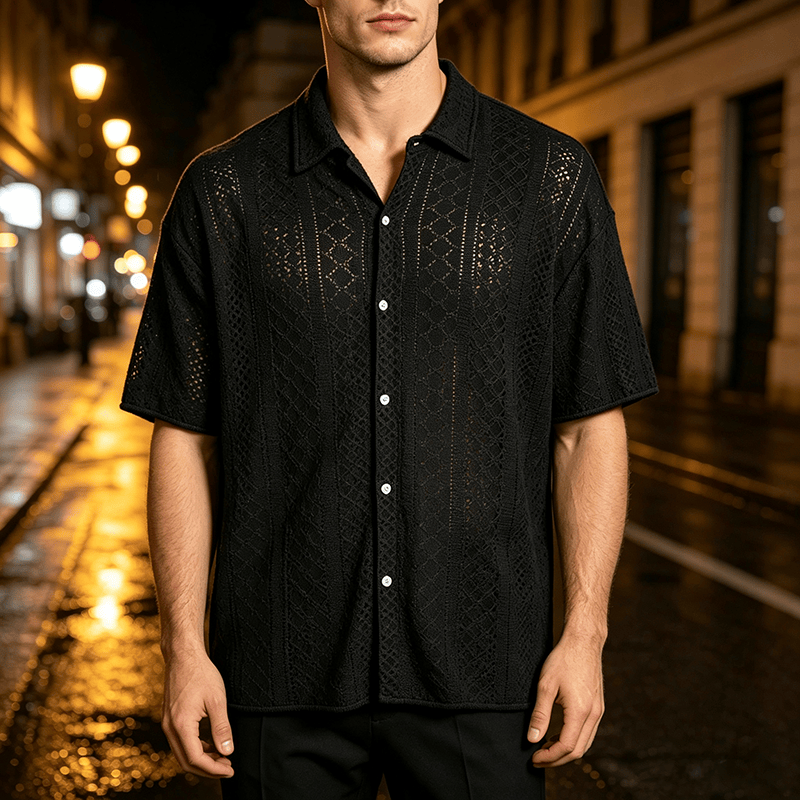 Camicia da uomo sportiva casual in cotone jacquard - Nero - 2XL - image 5