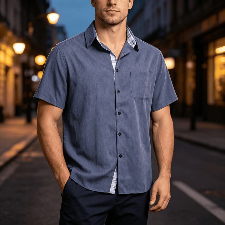 Camicia da uomo a maniche corte in lino tinta unita con bottoni - Blu scuro - 5XL - image 7