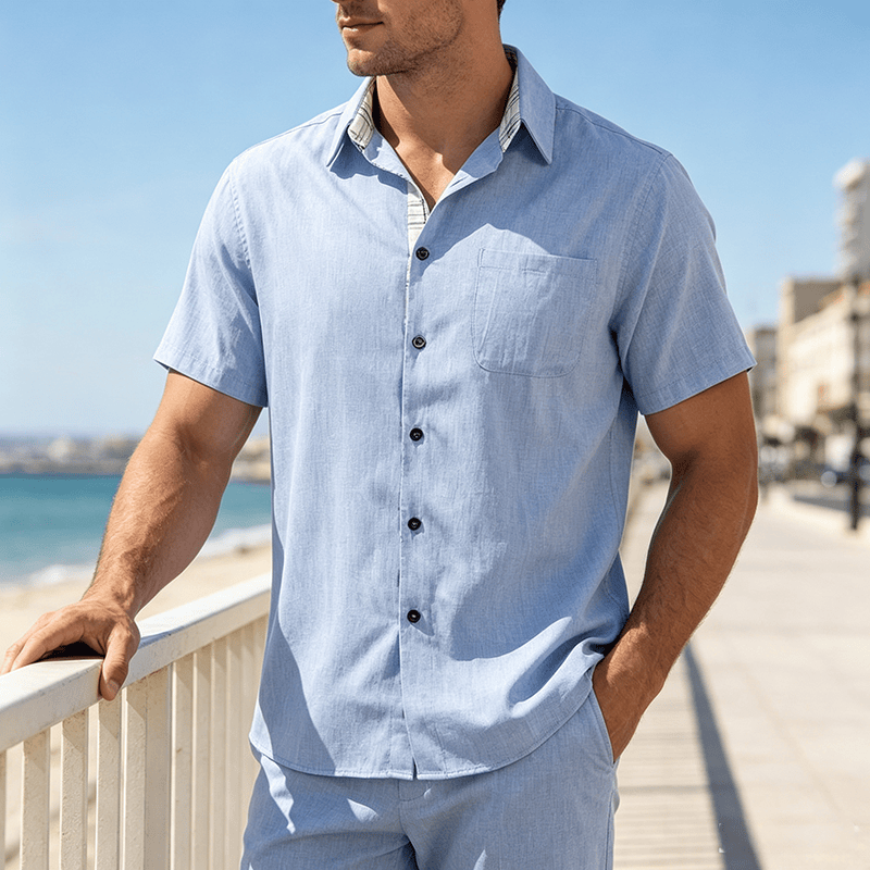 Camicia da uomo a maniche corte in lino tinta unita con bottoni - Azzurro chiaro - 5XL - image 6