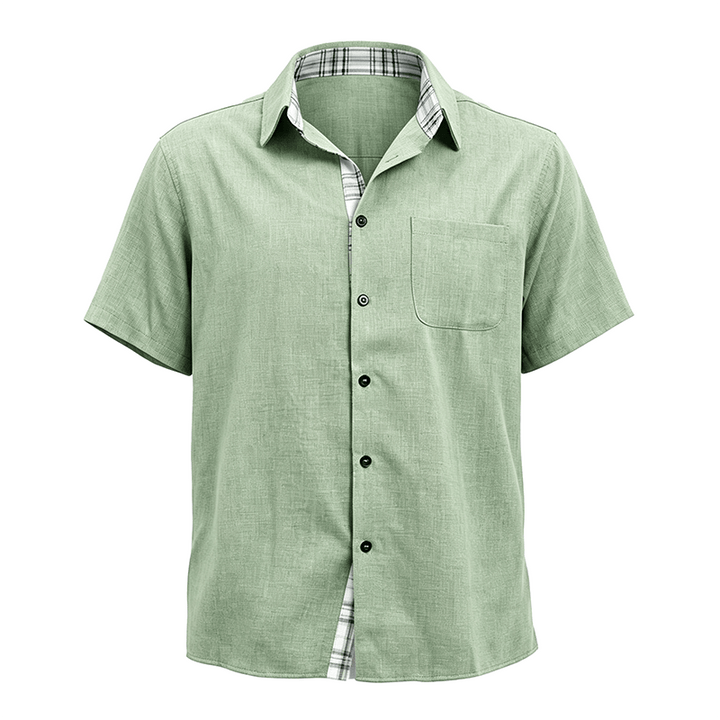 Camicia da uomo a maniche corte in lino tinta unita con bottoni - image 32