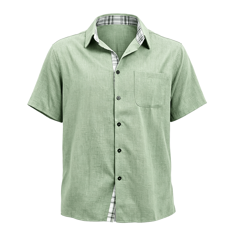 Camicia da uomo a maniche corte in lino tinta unita con bottoni - image 32