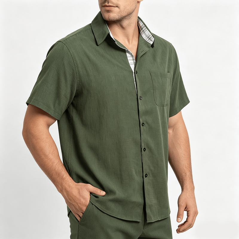 Camicia da uomo a maniche corte in lino tinta unita con bottoni - image 2