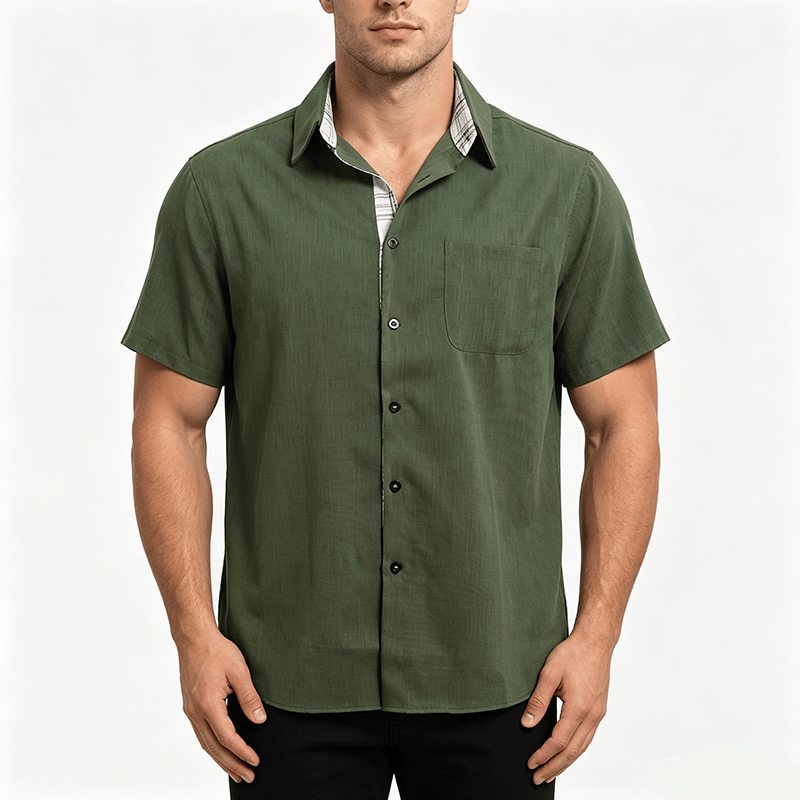 Camicia da uomo a maniche corte in lino tinta unita con bottoni - image 1