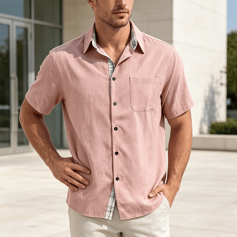 Camicia da uomo a maniche corte in lino tinta unita con bottoni - Pesca - 5XL - image 14