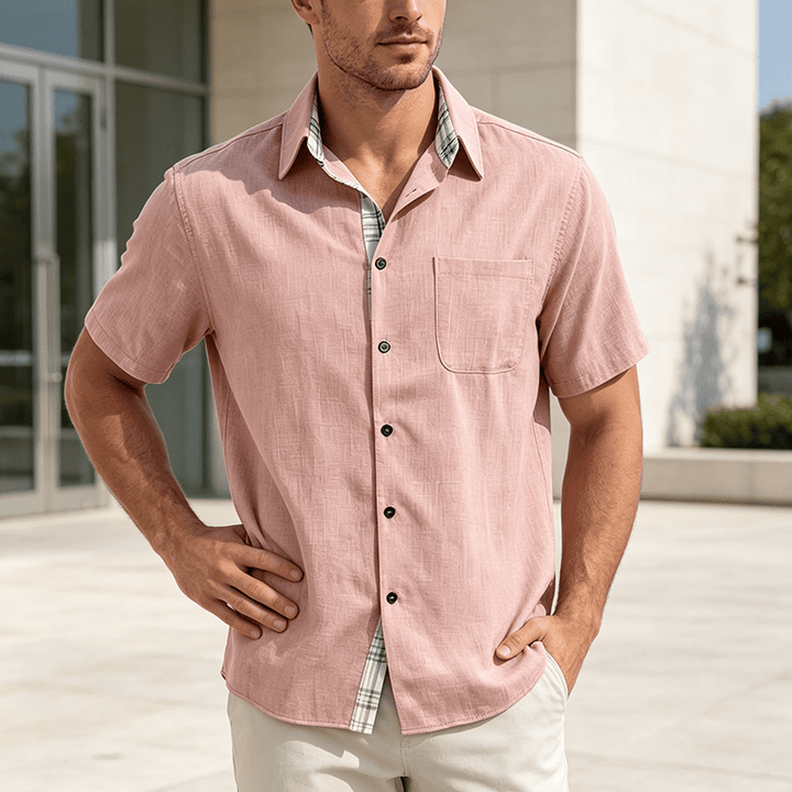 Camicia da uomo a maniche corte in lino tinta unita con bottoni - Pesca - 5XL - image 14