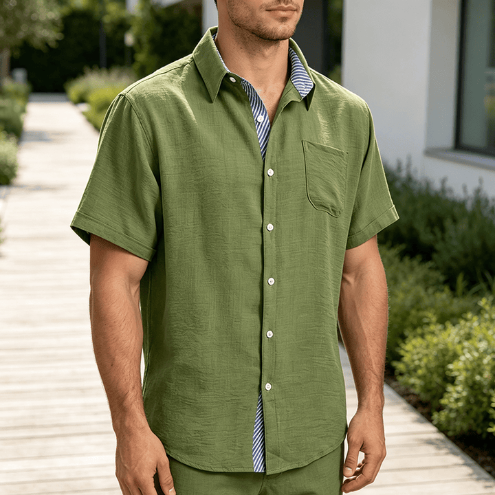 Camicie casual estive da uomo con taschino interno a righe a contrasto - Verde militare - 3XL - image 6