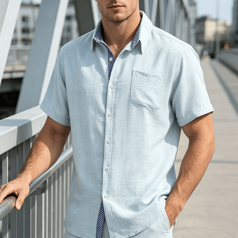 Camicie casual estive da uomo con taschino interno a righe a contrasto - Azzurro chiaro - 3XL - image 7