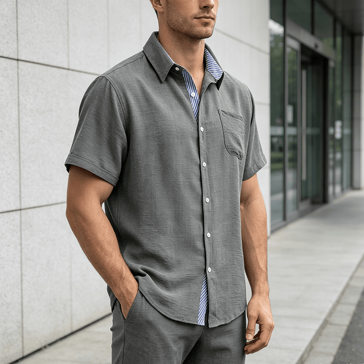 Camicie casual estive da uomo con taschino interno a righe a contrasto - Grigio scuro - 3XL - image 8