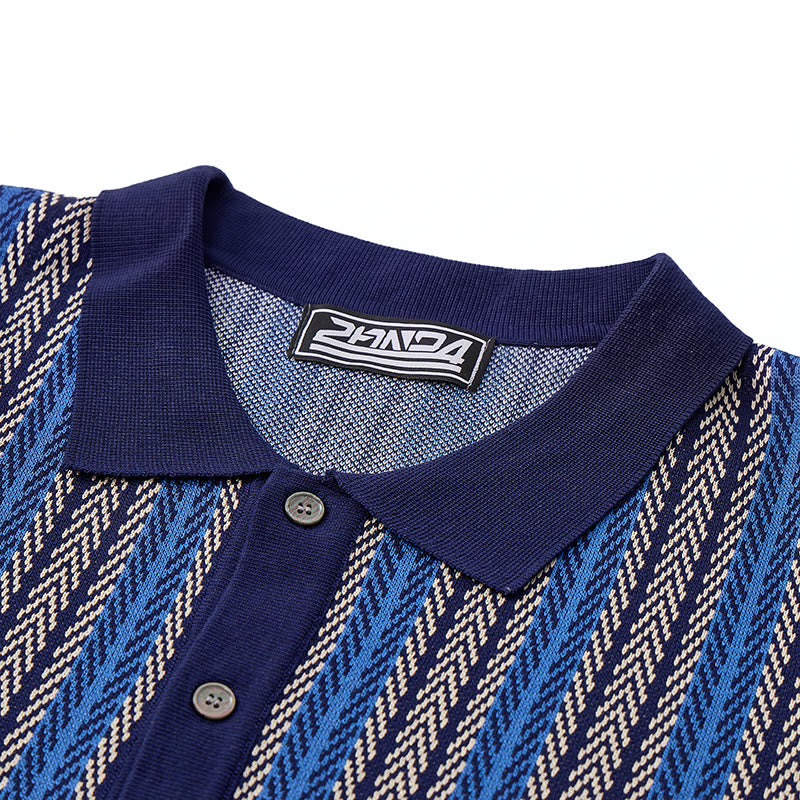 Polo da uomo in maglia jacquard traspirante con motivo a righe verticali a chevron. - image 6