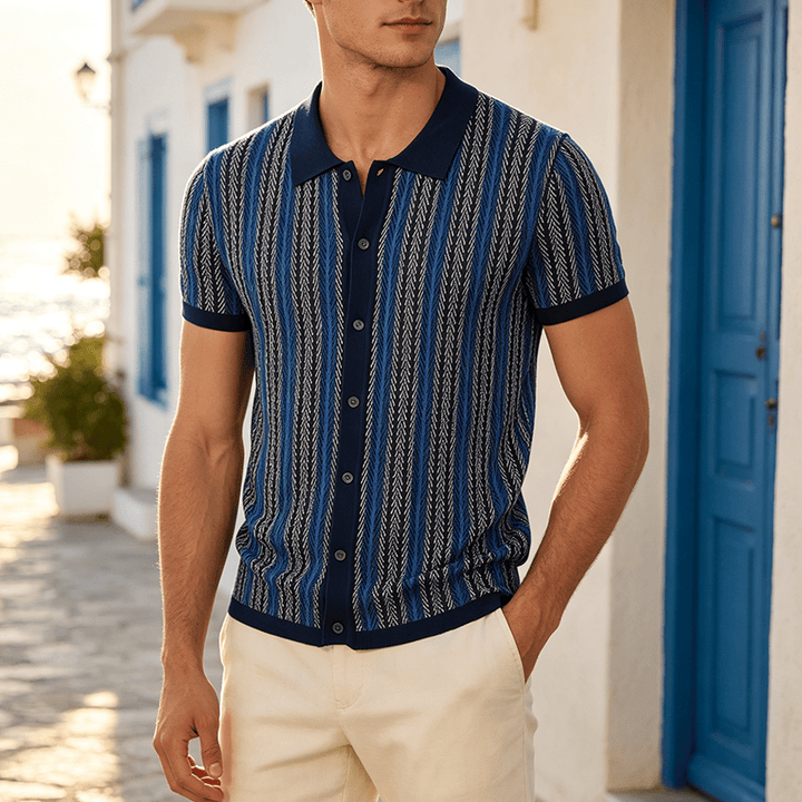 Polo da uomo in maglia jacquard traspirante con motivo a righe verticali a chevron. - Blu navy - 3XL - image 0